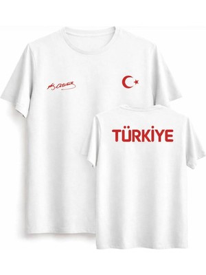 Shain Türk Bayrağı Atatürk Imza Baskılı Bisiklet Yaka Beyaz Tişört T-Shirt