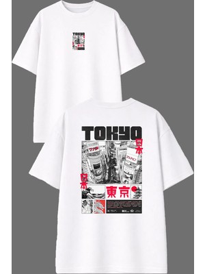 Vsrn Kırmızı Tokyo Tasarım Ön Arka Baskılı Beyaz Oversize T Shirt