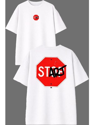 Vsrn Start Op Tasarım Ön Arka Baskılı Beyaz Oversize T Shirt