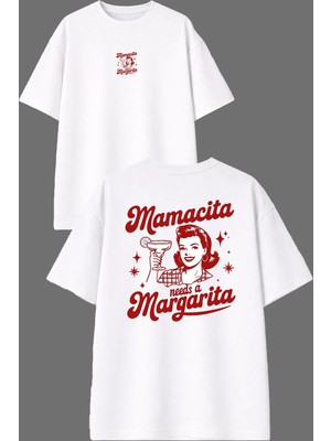 Vsrn Mamacita Tasarım Ön Arka Baskılı Beyaz Oversize T Shirt