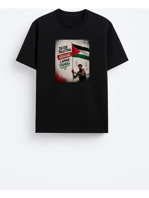 Shain Lamine Yamal Filistin Baskılı Pamuklu Kumaş Siyah Tişört T-Shirt