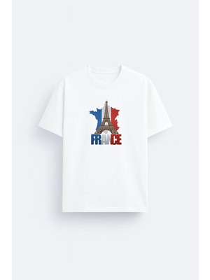 Shain Fransa Futbol Takımı Baskılı Pamuklu Kumaş Beyaz Tişört T-Shirt