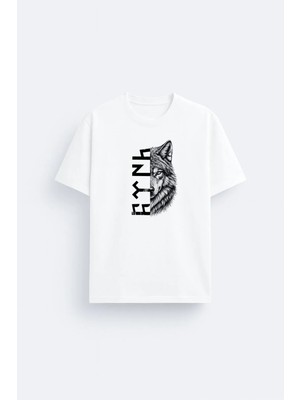Shain Türk Bozkurt Göktürkçe Yazılı Kurt Baskılı %100 Pamuklu Kumaş Beyaz Tişört T-Shirt