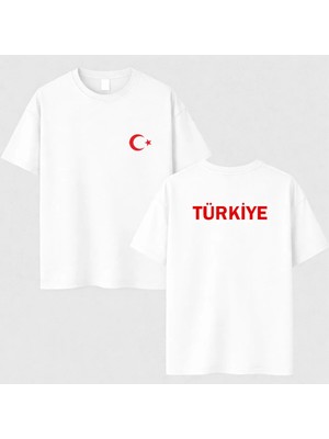 Shain Türk Bayrağı Türkiye Yazılı Baskılı Unisex Beyaz Tişört T-Shirt