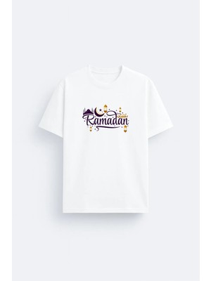 Shain Hayırlı Ramazanlar Ramadan Mubarak Baskılı Beyaz Bisiklet Yaka Tişört T-Shirt