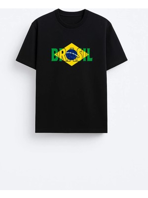 Shain Brezilya Futbol Takım Logo Baskılı Pamuklu Kumaş Siyah Tişört T-Shirt
