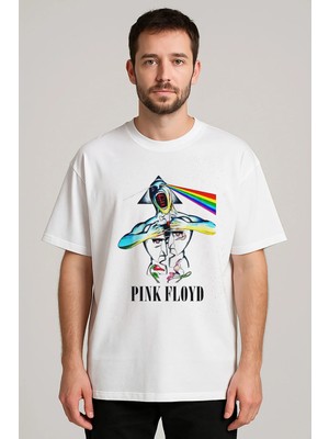 Shain Pink Floyd Baskılı Bisiklet Yaka Beyaz Tişört T-Shirt