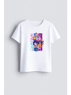 Shain K-Pop Demon Hunters Baskılı Bisiklet Yaka Beyaz Çocuk Tişört T-Shirt