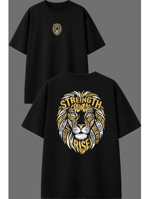 Vsrn Yazılı Aslan Tasarım Ön Arka Baskılı Siyah Oversize T Shirt
