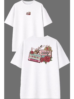 Vsrn Kasetler Tasarım Ön Arka Baskılı Beyaz Oversize T Shirt