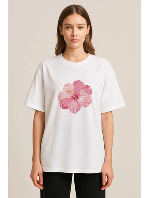 Shain Pinterest Hibiskus Baskılı Bisiklet Yaka Beyaz Tişört T-Shirt