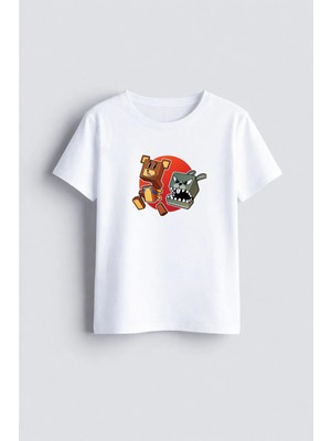 Shain Super Bear Adventure Baskılı Bisiklet Yaka Beyaz Çocuk Tişört T-Shirt