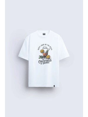 Shain Kokteil Baskılı Bisiklet Yaka Beyaz Tişört T-Shirt