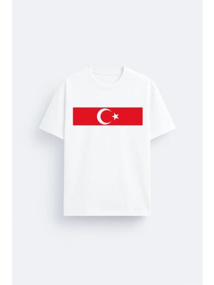 Shain Türkiye Milli Takım Bayrak Baskılı Bisiklet Yaka Unisex Beyaz Tişört T-Shirt