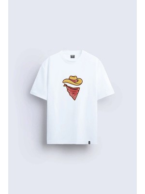 Shain Pinterest Kovboy Baskılı Bisiklet Yaka Beyaz Tişört T-Shirt