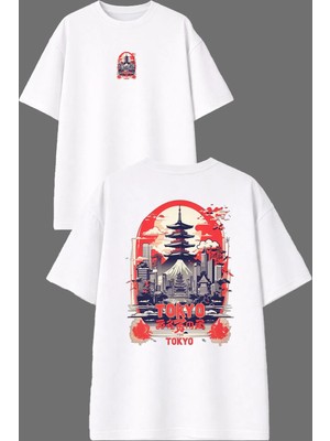 Vsrn Şehir Tokyo Tasarım Ön Arka Baskılı Beyaz Oversize T Shirt