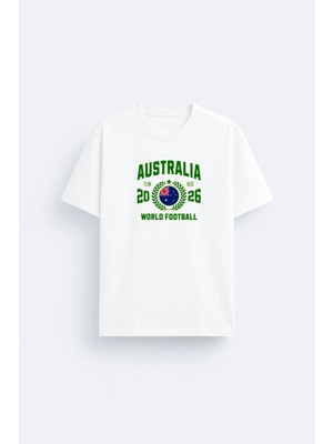 Shain Avustralya Milli Futbol Takımı Baskılı %100 Pamuklu Kumaş Beyaz Tişört T-Shirt