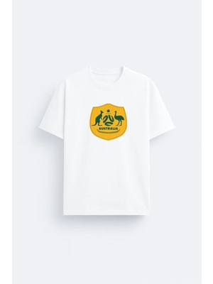 Shain Avustralya Milli Futbol Takımı Baskılı %100 Pamuklu Kumaş Beyaz Tişört T-Shirt