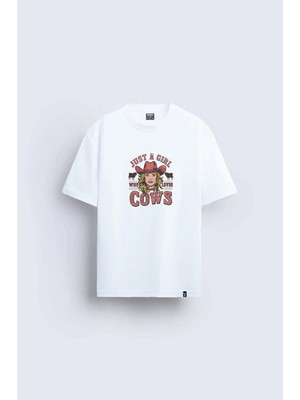 Shain Kovboy Baskılı Bisiklet Yaka Beyaz Tişört T-Shirt