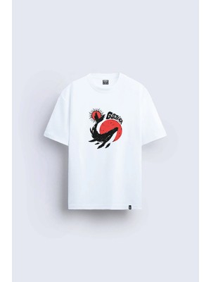Shain Gojira Baskılı Bisiklet Yaka Beyaz Tişört T-Shirt