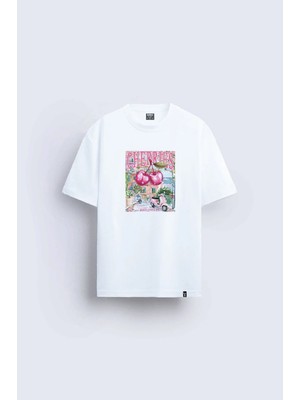 Shain Cherry Pinterest Baskılı Bisiklet Yaka Beyaz Tişört T-Shirt