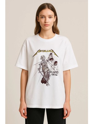 Shain Metallica Baskılı Bisiklet Yaka Beyaz Tişört T-Shirt