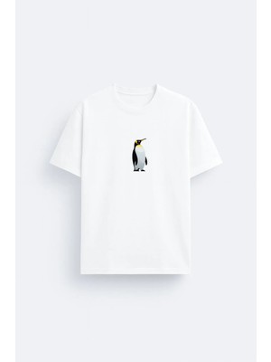 Shain But Why Penguen Penguin Baskılı Beyaz Bisiklet Yaka Tişört T-Shirt
