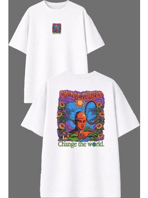 Vsrn Change The World Tasarım Ön Arka Baskılı Beyaz Oversize T Shirt