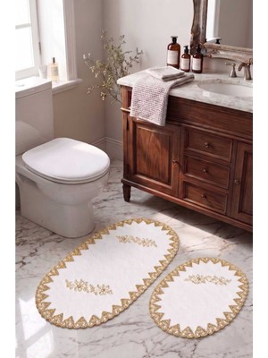 Bonny Home Gold 3lü Fransız Dantelli Lüks Banyo Paspası Kaymaz Çeyizlik Oval Banyo Paspas Seti Lauris