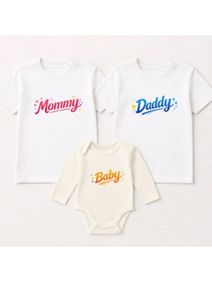 Shain Mom Dad Baby Baskılı Anne Baba Bebek Aile Cinsiyet Partisi Tişört Zıbın Kombin