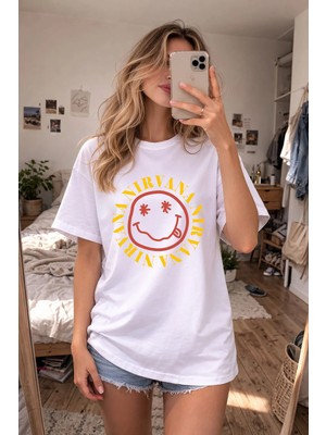 Shain Nirvana Baskılı Bisiklet Yaka Beyaz Tişört T-Shirt