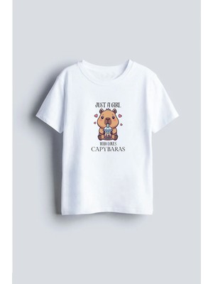 Shain Capybara Baskılı Beyaz Bisiklet Yaka Çocuk Tişört T-Shirt