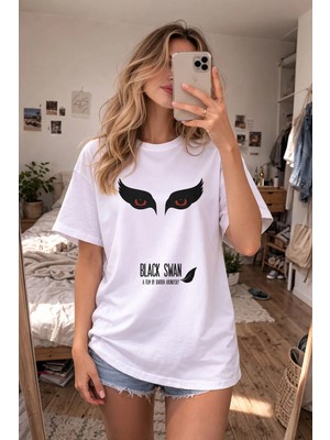 Shain Black Swan Siyah Kuğu Baskılı Bisiklet Yaka Beyaz Tişört T-Shirt