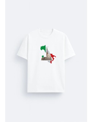 Shain Italya Haritası ve Bayrağı Temalı Baskılı Pamuklu Kumaş Beyaz Tişört T-Shirt
