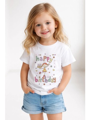 Shain Doğum Günü Happy Birthday Baskılı Beyaz Kız Çocuk Tişört