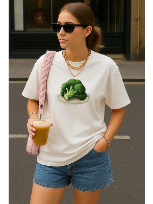 Shain Yeşil Brokoli Baskılı Kadın Bisiklet Yaka Beyaz Tişört T-Shirt