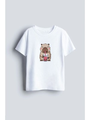 Shain Capybara Baskılı Beyaz Bisiklet Yaka Çocuk Tişört T-Shirt