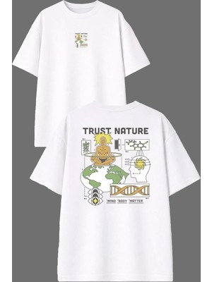 Vsrn Trust Nature Tasarım Ön Arka Baskılı Beyaz Oversize T Shirt