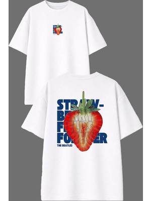 Vsrn Straw Berry Tasarım Ön Arka Baskılı Beyaz Oversize T Shirt