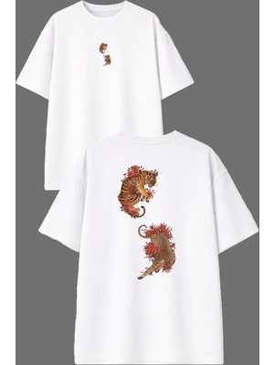 Vsrn Kaplan ve Çita Tasarım Ön Arka Baskılı Beyaz Oversize T Shirt