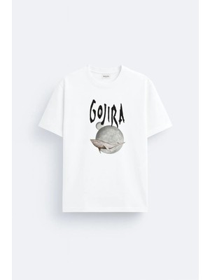 Shain Gojira Müzik Grubu Baskılı Pamuklu Kumaş Beyaz Tişört T-Shirt