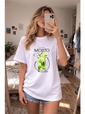 Shain Kokteil Baskılı Bisiklet Yaka Beyaz Tişört T-Shirt