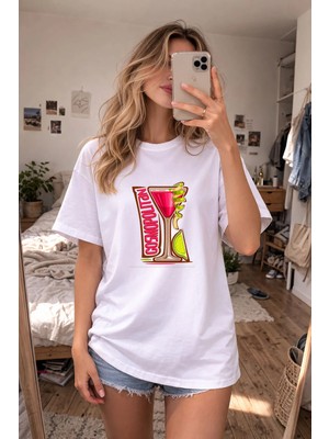 Shain Kokteil Baskılı Bisiklet Yaka Beyaz Tişört T-Shirt