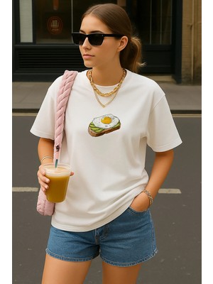 Shain Avakodo Yumurta Pinterest Baskılı Kadın Bisiklet Yaka Beyaz Tişört T-Shirt