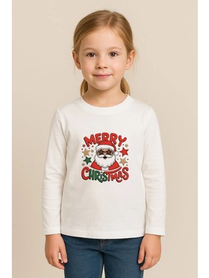 Shain Yeni Yıl Yılbaşı Noel Baba Christmas Baskılı Bisiklet Yaka Çocuk Uzun Kol Tişört Bluz