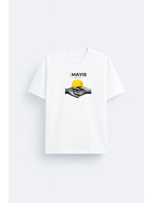 Shain 1 Mayıs Işci Bayramı Baskılı Bisiklet Yaka Beyaz Tişört T-Shirt