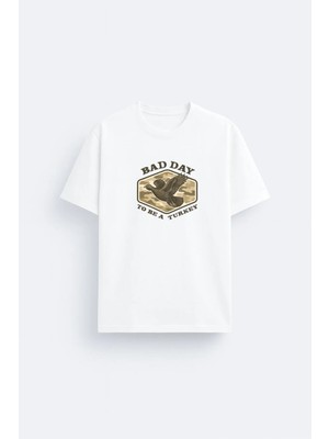 Shain Avcı Hunter Ördek Baskılı Bisiklet Yaka Beyaz Tişört T-Shirt