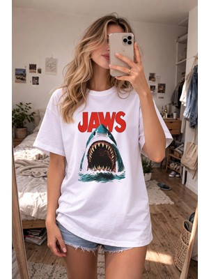 Shain Jaws Baskılı Bisiklet Yaka Beyaz Tişört T-Shirt