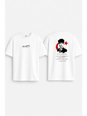 Shain 19 Mayıs Gençik Bayramı Atatürk Imza Baskılı Bisiklet Yaka Beyaz Tişört T-Shirt