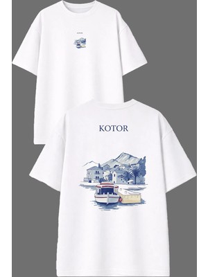 Vsrn Kotor Tasarım Ön Arka Baskılı Beyaz Oversize T Shirt